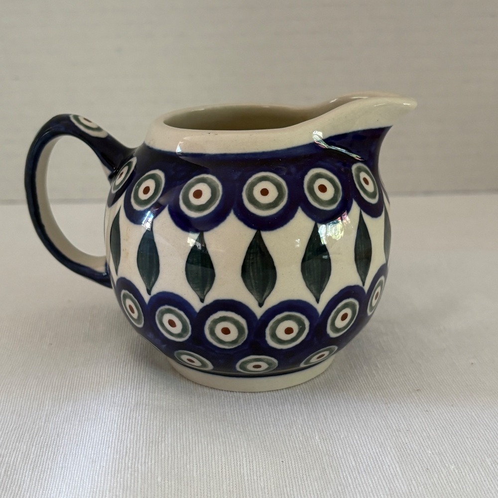 Boleslawiec Polish Pottery Peacock Eye Creamer Pitcher Blue Green Hand Made Y6
